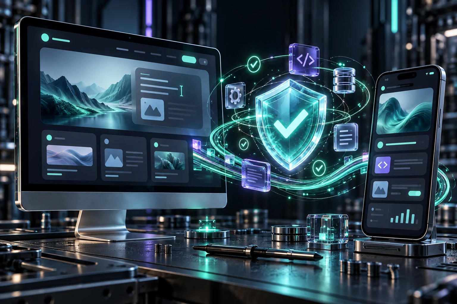 A futuristic desktop website and mobile app connected by glowing diagnostic rings and update components