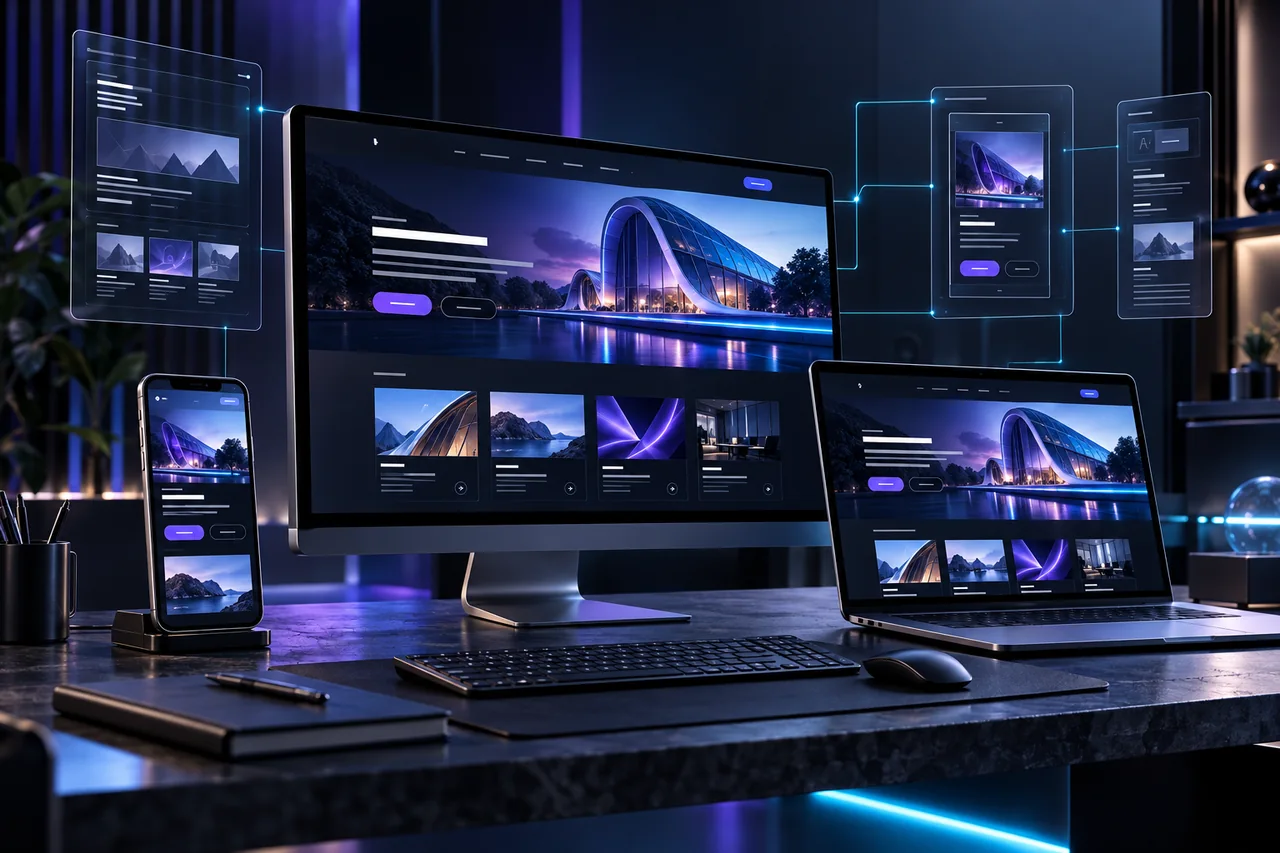 A futuristic website studio with a desktop monitor, laptop and phone showing a website being designed and refined